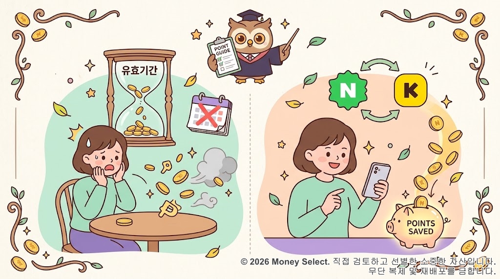 네이버페이·카카오페이 포인트 소멸 방지를 위한 가이드를 시각적으로 표현한 일러스트. 왼쪽에는 포인트 소멸로 당황하는 여성과 유효기간 모래시계가, 오른쪽에는 스마트폰을 활용해 포인트 적립을 성공적으로 마친 여성과 포인트 저금통이 대비되어 있습니다.